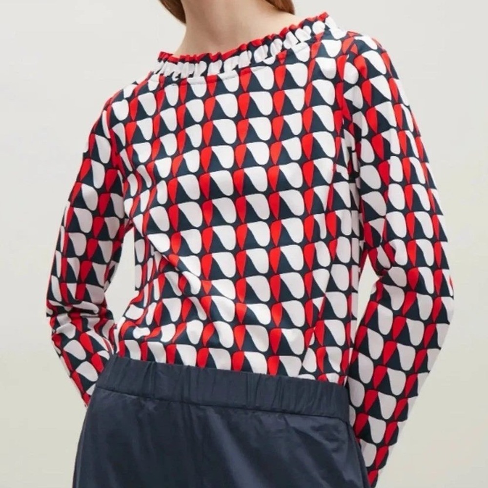 COS Abstract Structured Geometric Print Ruffle Neck Cotton‎ Long Sleeve Top